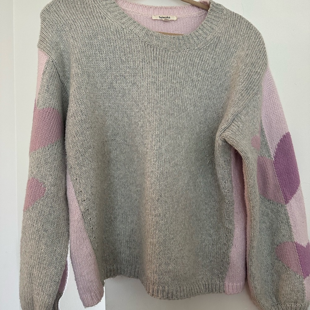 Splendid Gray and Pink Crew Neck Sweater with Hearts
